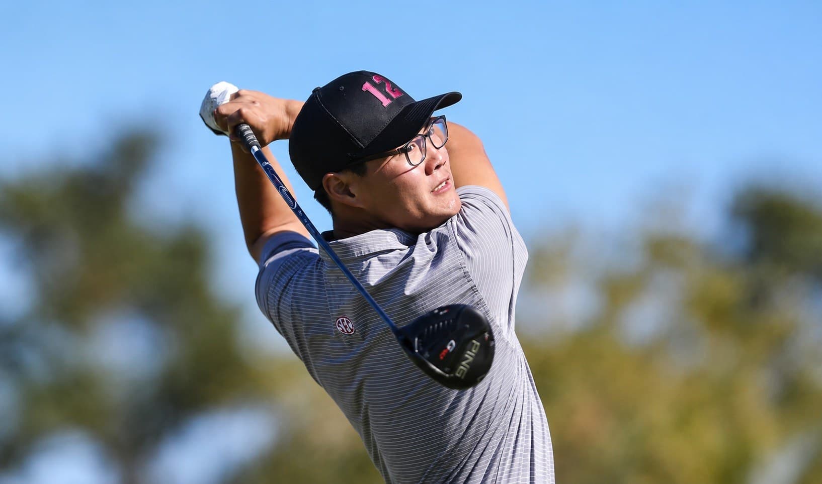 Jimmy Lee at the top of his follow-through with a driver